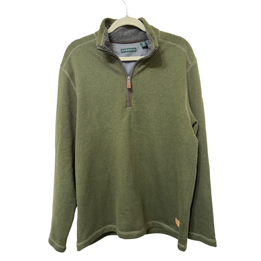 GH Bass & Co Mens Large Olive Green Quarter Zip Sherpa Lined Pullover Sweater